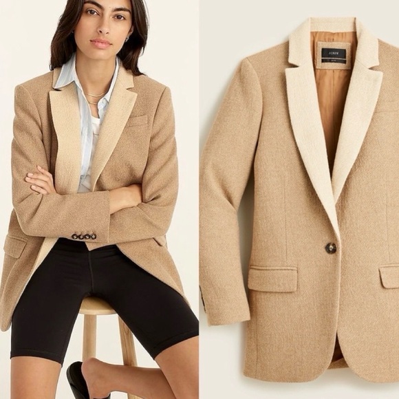 J. Crew Alfie Blazer with Contrast Collar Italian Cotton Wool Tan Size 6 - Picture 2 of 11